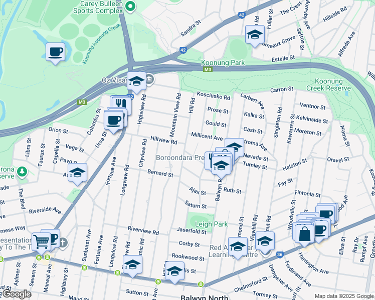 map of restaurants, bars, coffee shops, grocery stores, and more near 73 Hill Road in Balwyn North
