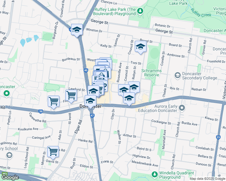 map of restaurants, bars, coffee shops, grocery stores, and more near 8 Berkeley Street in Doncaster