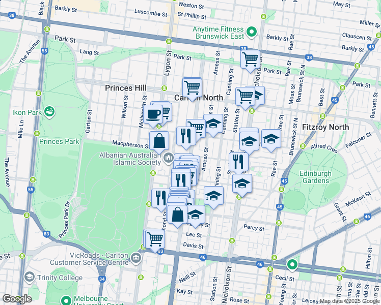 map of restaurants, bars, coffee shops, grocery stores, and more near Rathdowne Street in Carlton North