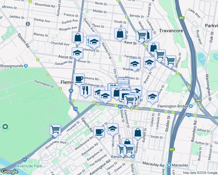 map of restaurants, bars, coffee shops, grocery stores, and more near 88 Newmarket Street in Melbourne
