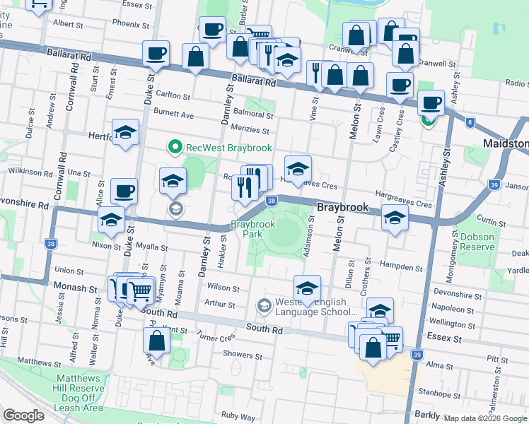 map of restaurants, bars, coffee shops, grocery stores, and more near 107 Churchill Avenue in Braybrook