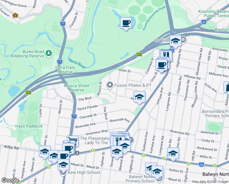 map of restaurants, bars, coffee shops, grocery stores, and more near 23 Aquila Street in Balwyn North