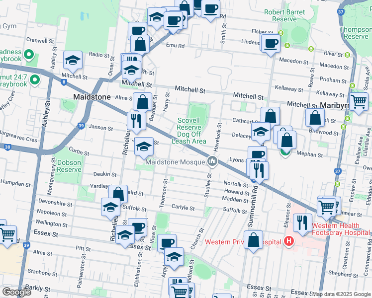 map of restaurants, bars, coffee shops, grocery stores, and more near 101 Ballarat Road in Maidstone