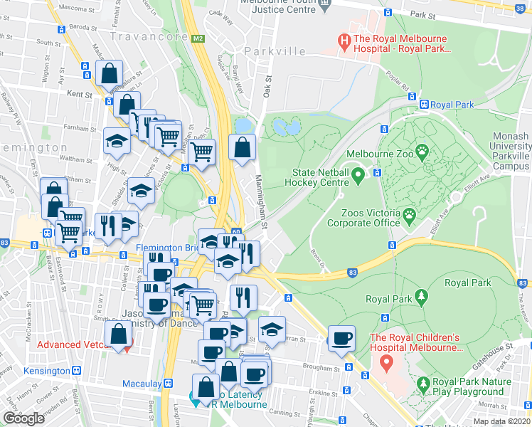 map of restaurants, bars, coffee shops, grocery stores, and more near 66 Manningham Street in Parkville