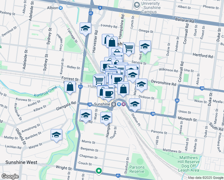 map of restaurants, bars, coffee shops, grocery stores, and more near Hampshire Road in Sunshine