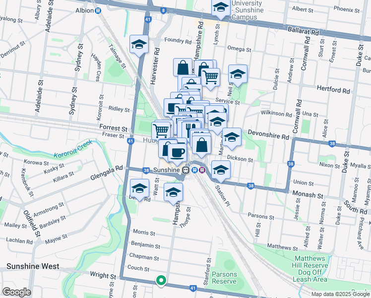 map of restaurants, bars, coffee shops, grocery stores, and more near Hampshire Road in Sunshine