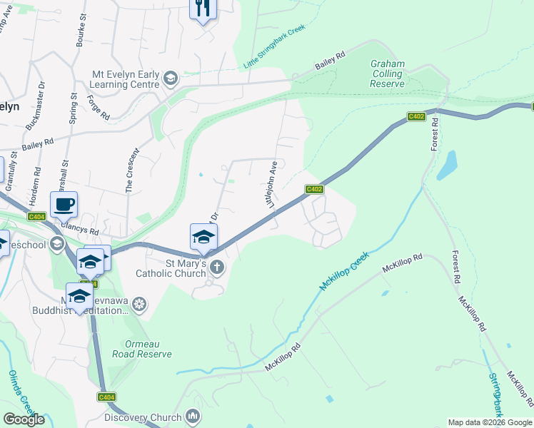 map of restaurants, bars, coffee shops, grocery stores, and more near 45 Clegg Road in Mount Evelyn