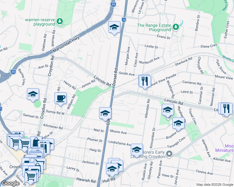 map of restaurants, bars, coffee shops, grocery stores, and more near 76 Lincoln Road in Croydon