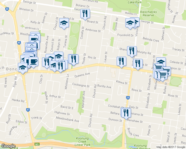 map of restaurants, bars, coffee shops, grocery stores, and more near 36 Queens Avenue in Manningham