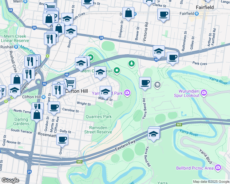 map of restaurants, bars, coffee shops, grocery stores, and more near 16 The Esplanade in Clifton Hill