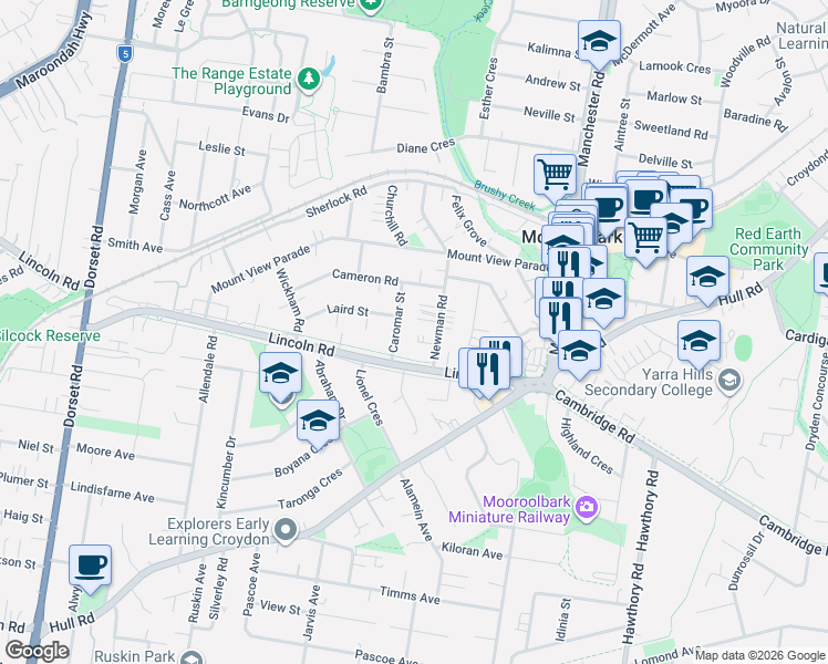 map of restaurants, bars, coffee shops, grocery stores, and more near 7 Newman Road in Croydon