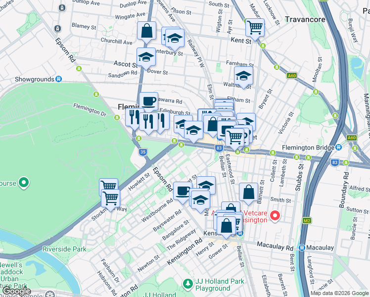 map of restaurants, bars, coffee shops, grocery stores, and more near 405 Racecourse Road in Kensington