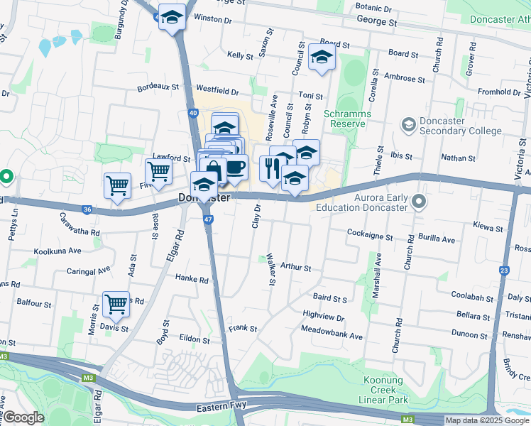 map of restaurants, bars, coffee shops, grocery stores, and more near 8 Clay Drive in Doncaster