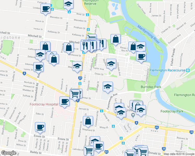 map of restaurants, bars, coffee shops, grocery stores, and more near 31 Eldridge Street in Footscray