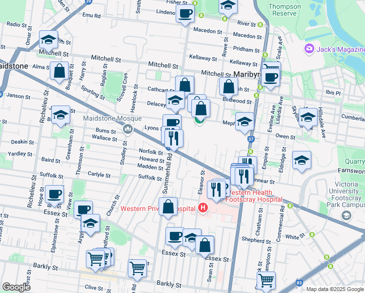 map of restaurants, bars, coffee shops, grocery stores, and more near 274 Ballarat Road in Footscray