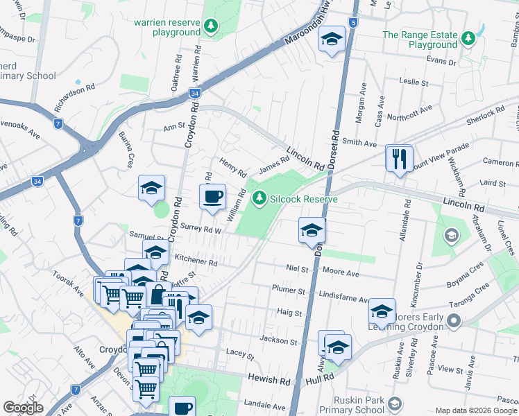 map of restaurants, bars, coffee shops, grocery stores, and more near 10A William Road in Croydon