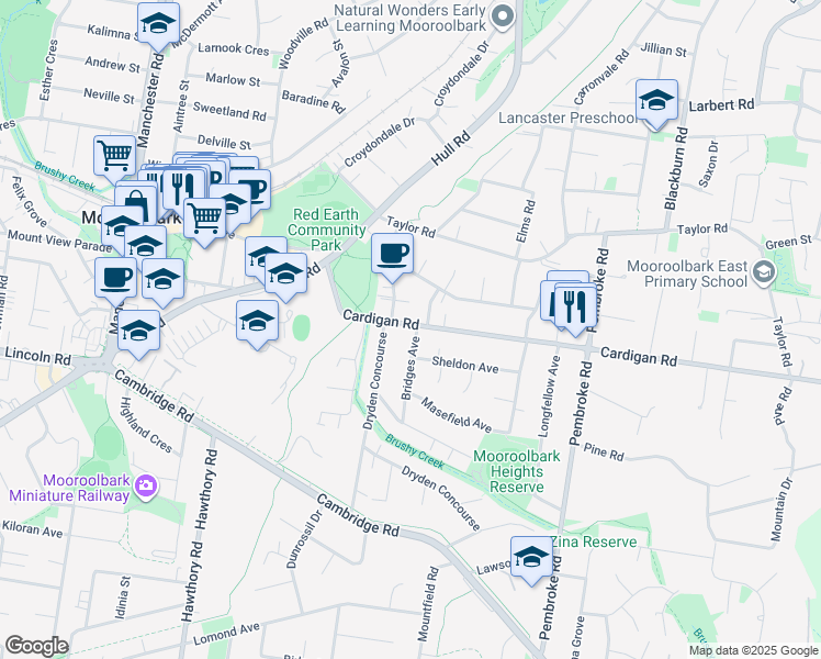 map of restaurants, bars, coffee shops, grocery stores, and more near 42 Cardigan Road in Mooroolbark
