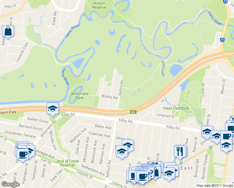 map of restaurants, bars, coffee shops, grocery stores, and more near 157 Belford Road in Kew East