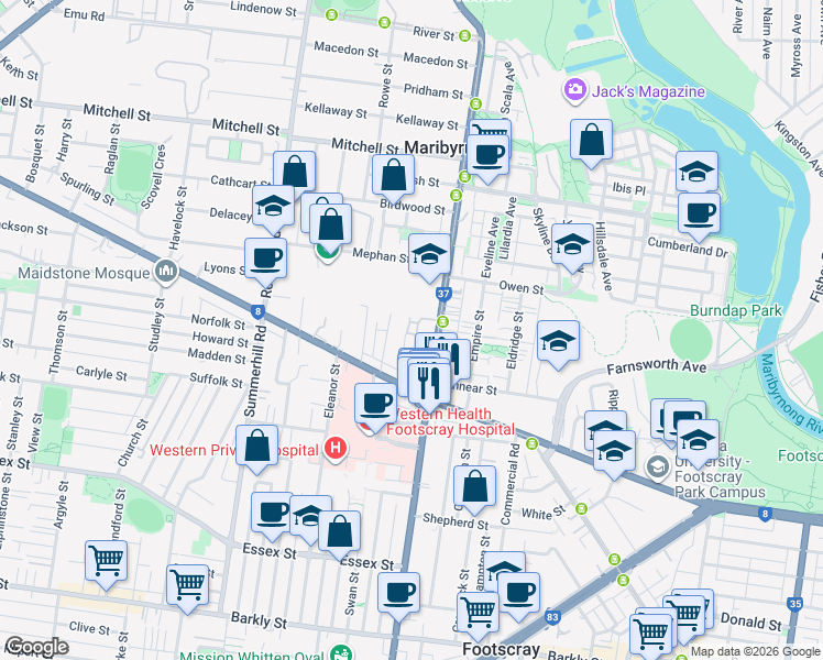 map of restaurants, bars, coffee shops, grocery stores, and more near 26 Park Street in Footscray