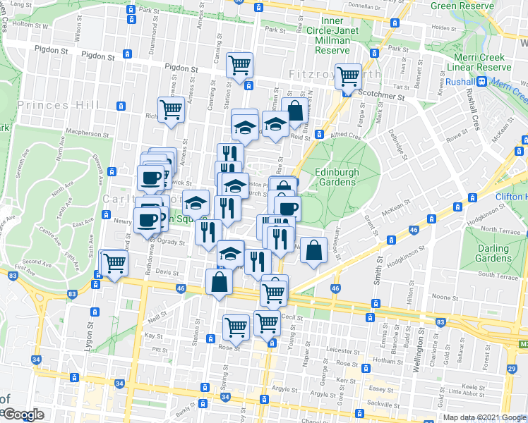 map of restaurants, bars, coffee shops, grocery stores, and more near 63 St Georges Road South in Fitzroy North