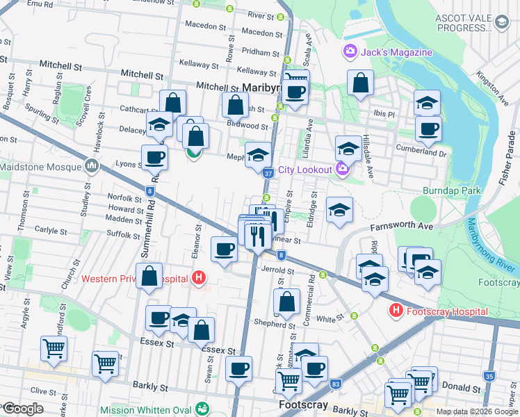 map of restaurants, bars, coffee shops, grocery stores, and more near 104 Gordon Street in Footscray