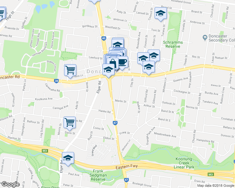 map of restaurants, bars, coffee shops, grocery stores, and more near 19 Frederick Street in Manningham