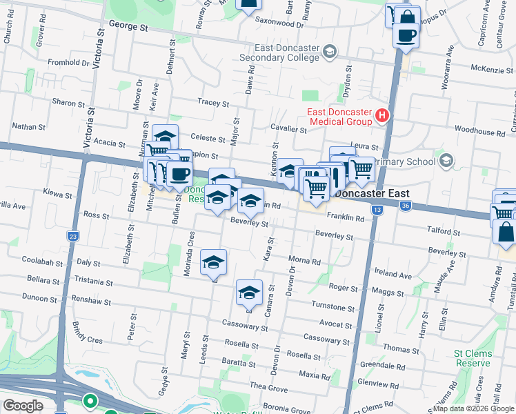 map of restaurants, bars, coffee shops, grocery stores, and more near 12-14 Franklin Road in Doncaster East