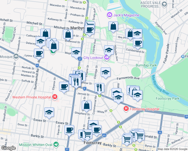 map of restaurants, bars, coffee shops, grocery stores, and more near 13 Eldridge Street in Footscray