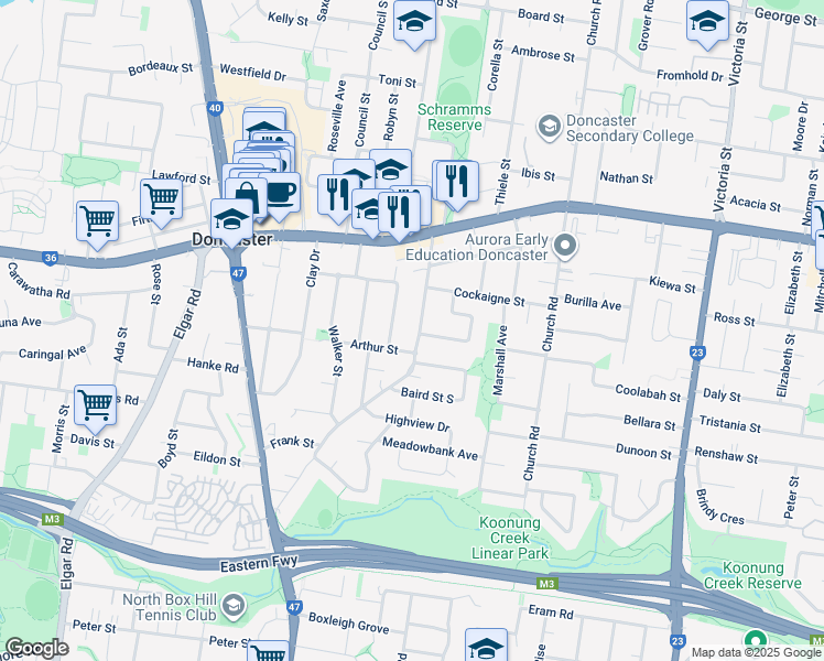 map of restaurants, bars, coffee shops, grocery stores, and more near 81 Whittens Lane in Doncaster