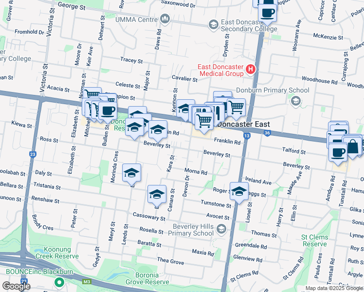 map of restaurants, bars, coffee shops, grocery stores, and more near 29 Beverley Street in Doncaster East