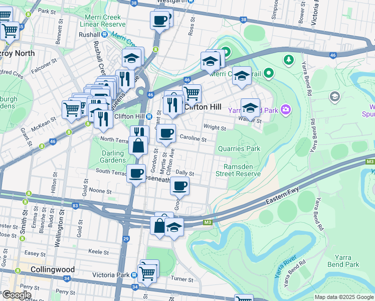 map of restaurants, bars, coffee shops, grocery stores, and more near Ramsden Street in Clifton Hill