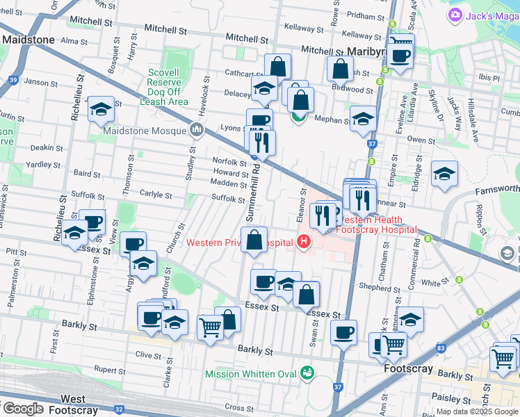 map of restaurants, bars, coffee shops, grocery stores, and more near 37 Summerhill Road in Footscray