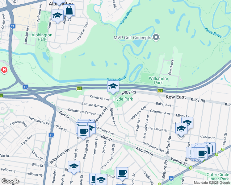 map of restaurants, bars, coffee shops, grocery stores, and more near 173 Willsmere Road in Kew East