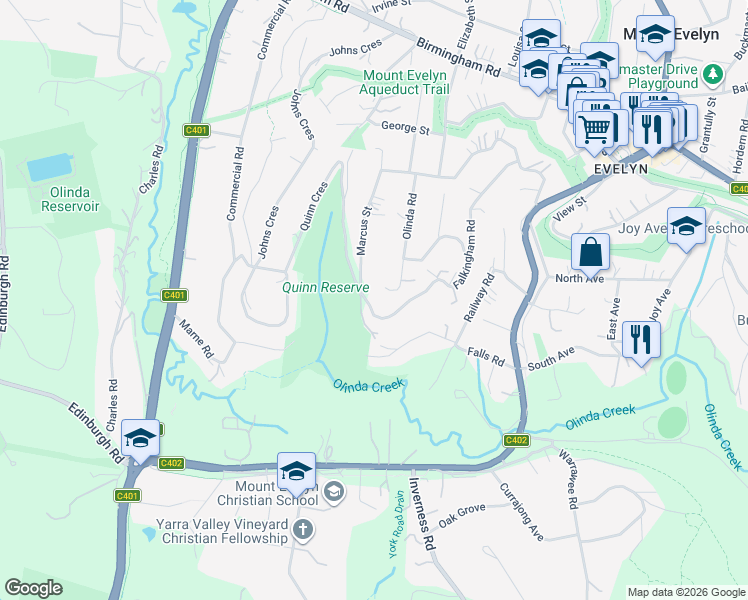 map of restaurants, bars, coffee shops, grocery stores, and more near 192 Quinn Crescent in Mount Evelyn