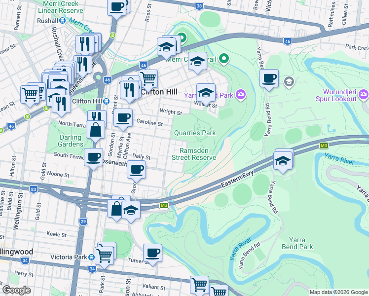 map of restaurants, bars, coffee shops, grocery stores, and more near 91 Field Street in Clifton Hill