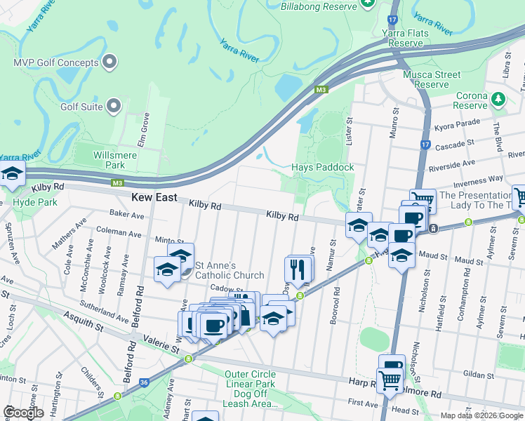 map of restaurants, bars, coffee shops, grocery stores, and more near in Kew East