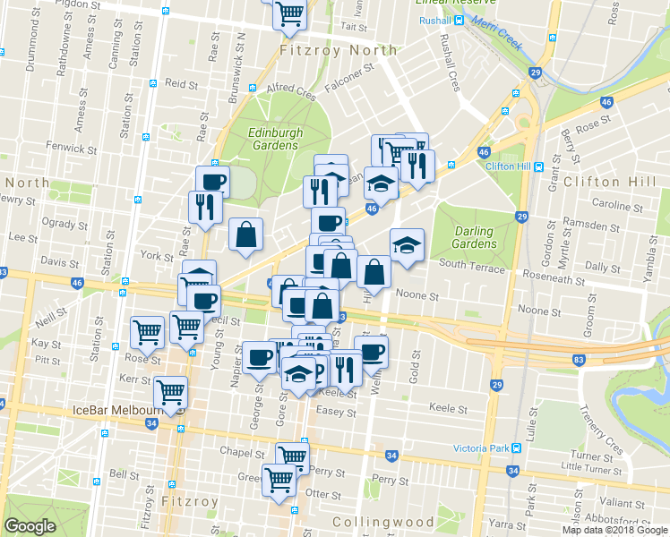 map of restaurants, bars, coffee shops, grocery stores, and more near 2 Council Street in Clifton Hill