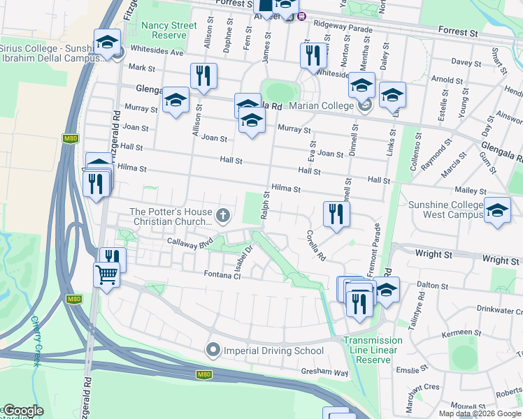 map of restaurants, bars, coffee shops, grocery stores, and more near 1B Ralph Street in Sunshine West