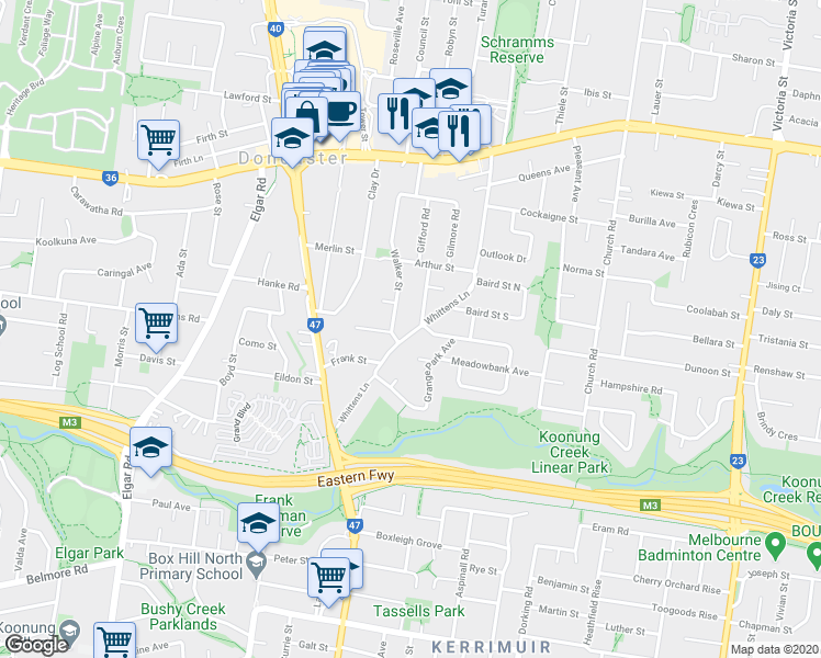 map of restaurants, bars, coffee shops, grocery stores, and more near 49 Whittens Lane in Manningham
