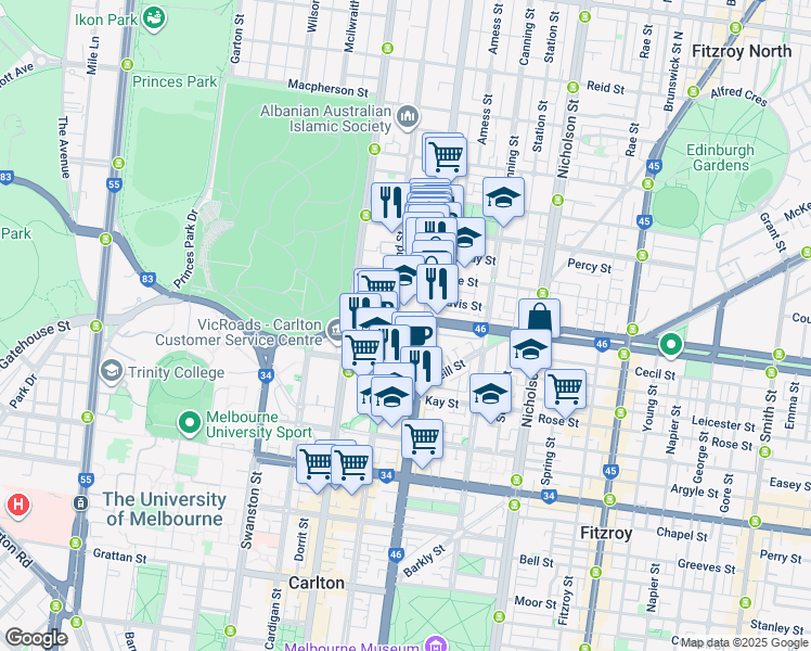 map of restaurants, bars, coffee shops, grocery stores, and more near 151 Princes Street in Carlton