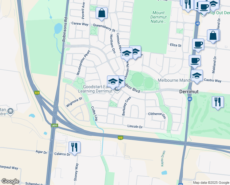 map of restaurants, bars, coffee shops, grocery stores, and more near Capesthorne Drive in Derrimut