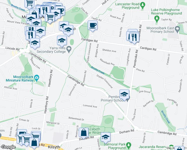 map of restaurants, bars, coffee shops, grocery stores, and more near 48 Dryden Concourse in Mooroolbark