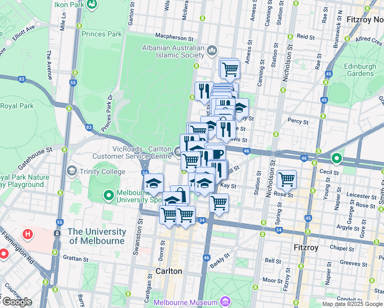 map of restaurants, bars, coffee shops, grocery stores, and more near 570 Lygon Street in Carlton