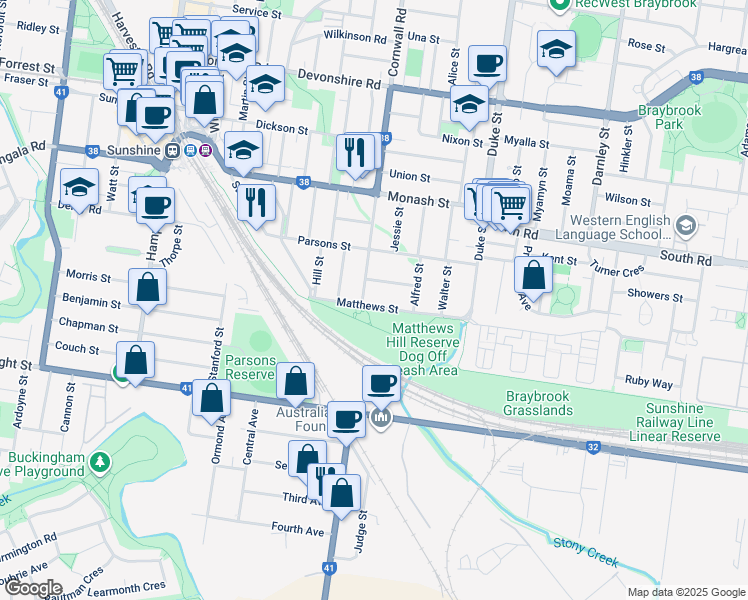 map of restaurants, bars, coffee shops, grocery stores, and more near 38 Matthews Street in Sunshine