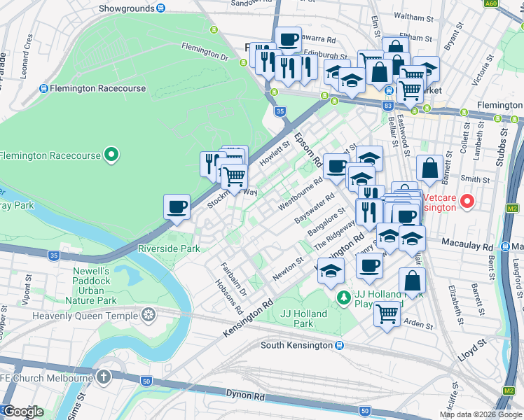 map of restaurants, bars, coffee shops, grocery stores, and more near 12 Neale Street in Kensington