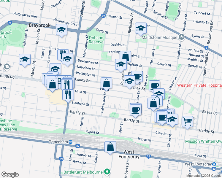 map of restaurants, bars, coffee shops, grocery stores, and more near 30 Pitt Street in West Footscray
