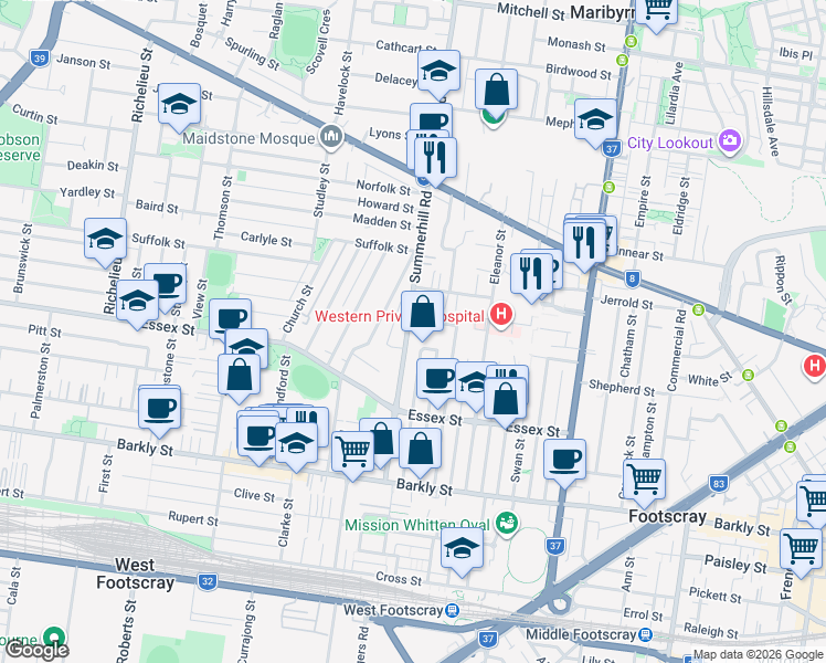 map of restaurants, bars, coffee shops, grocery stores, and more near 69 Summerhill Road in Footscray