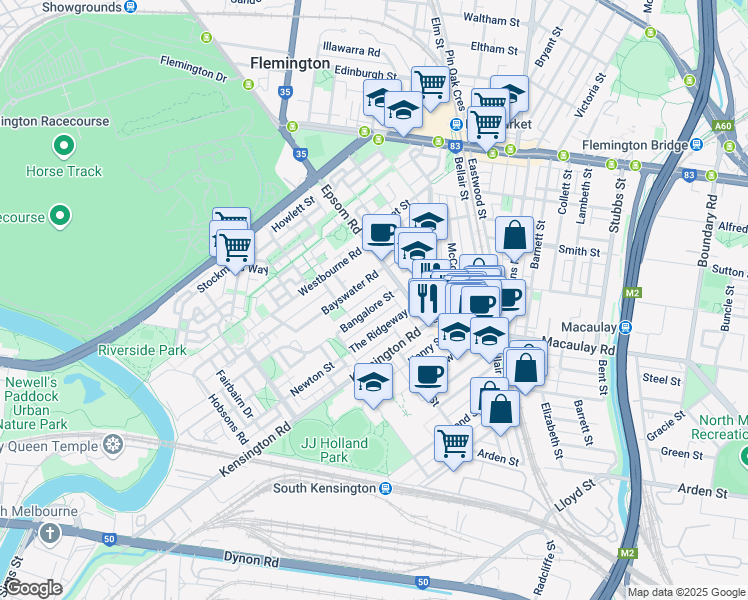 map of restaurants, bars, coffee shops, grocery stores, and more near 20 Bangalore Street in Kensington