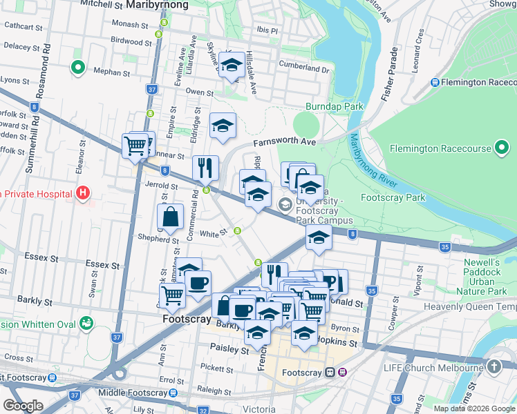 map of restaurants, bars, coffee shops, grocery stores, and more near Ballarat Road in Footscray
