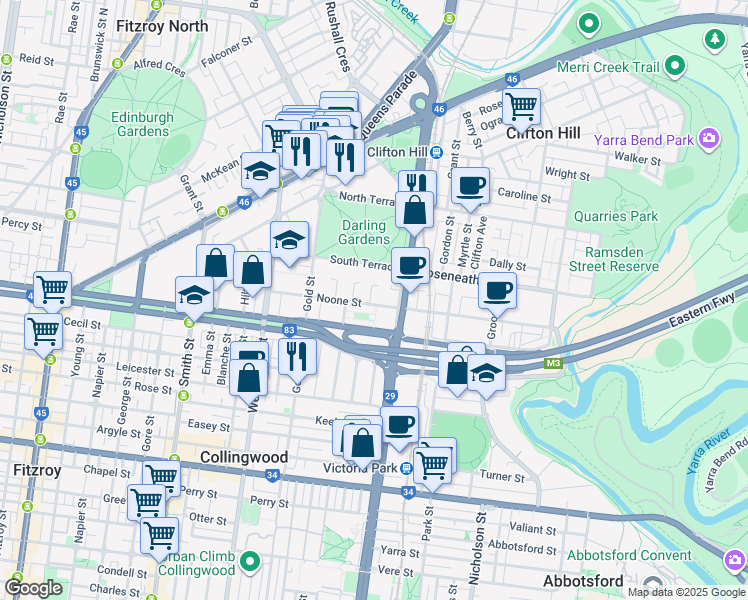 map of restaurants, bars, coffee shops, grocery stores, and more near 76 Noone Street in Clifton Hill
